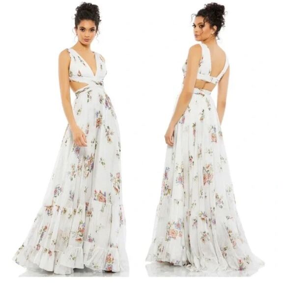 Mac Duggal 67940 Size 0 Floral Print Cutout Waist Tiered White Multicolor Dress - Picture 1 of 9